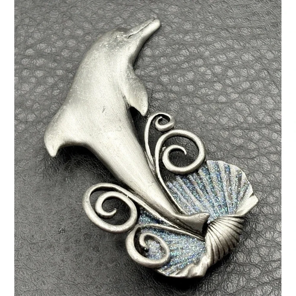 JJ Jonette Pewter Dolphin & Seashell Brooch Pin with Glitter Enamel Accents